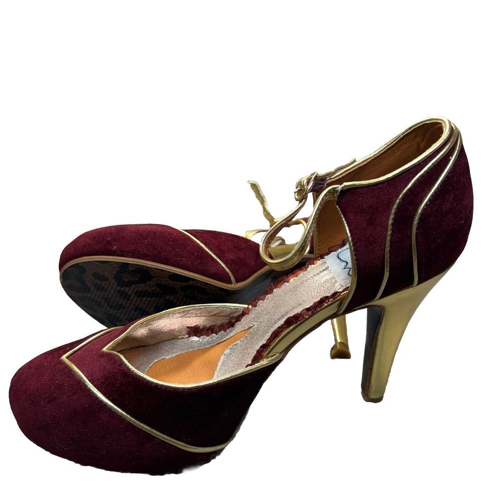 Bettie Page Heels Womens 8 Burgundy‎ Gold Strap Retro 20s Pin Up Suede Vtg Style